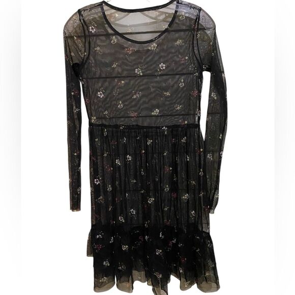VTG Y2K Black Floral Sheer Mesh Tiered Dress Festival Whimsigoth Grunge Fairy - Picture 1 of 11